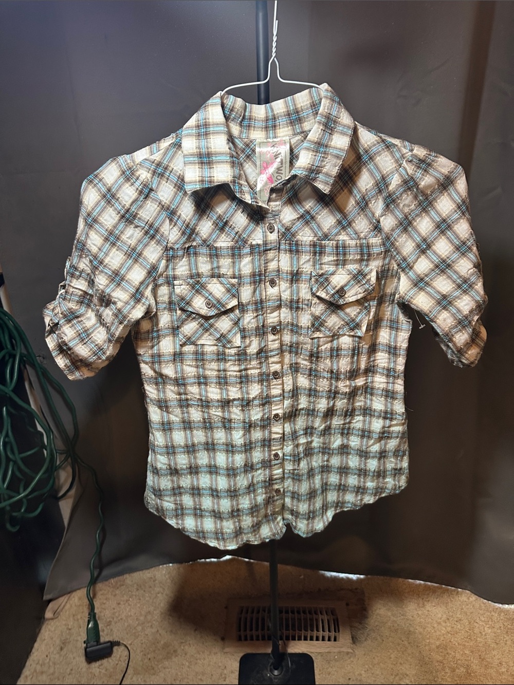 Knitworks Plaid Button-Down Shirt - Brown & Light Blue